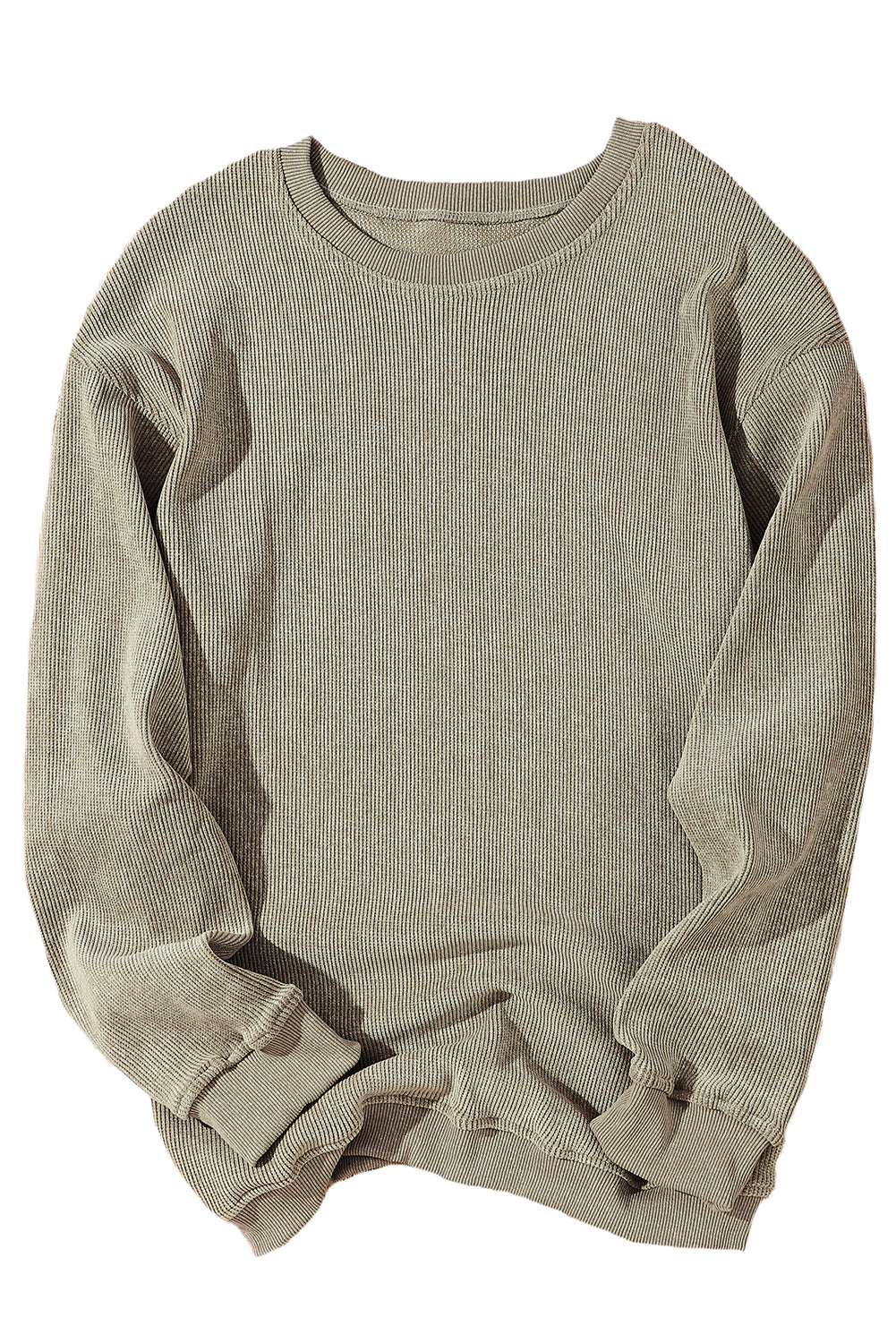 Green Solid Ribbed Knit Round Neck Pullover Sweatshirt