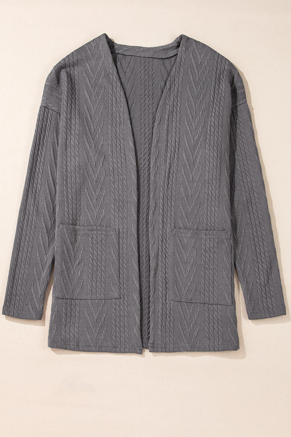 Grey Solid Textured Open Front Cardigan with Pocket