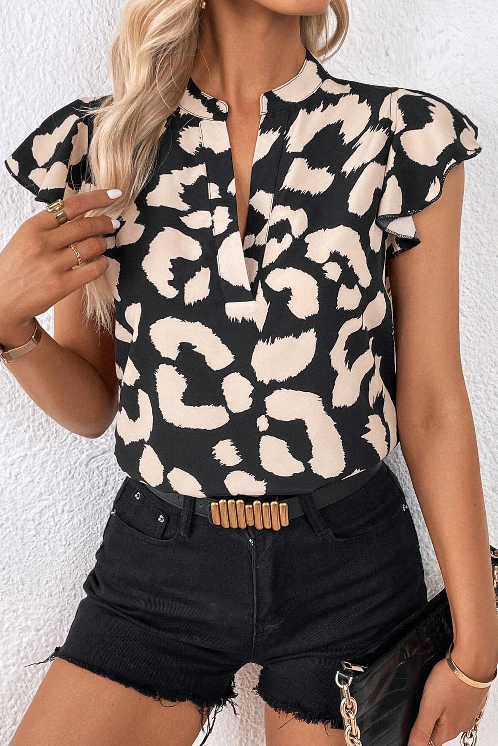 Black Leopard Ruffled Flutter Sleeve Split Neck Blouse