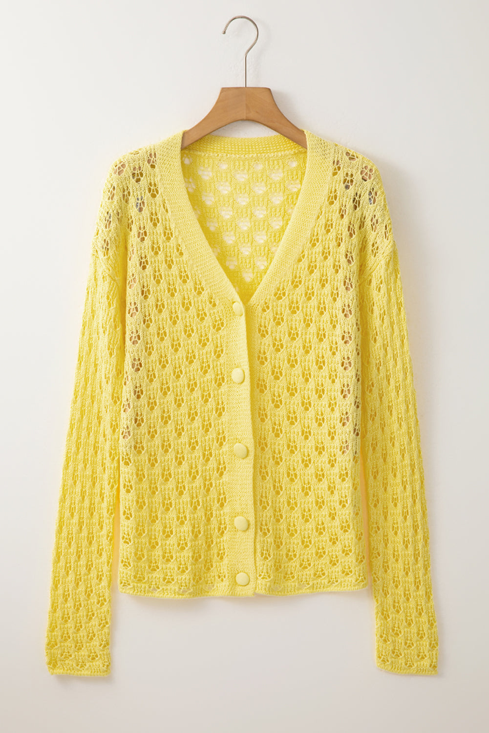 Yellow Pointelle Knit V Neck Sweater Cardigan