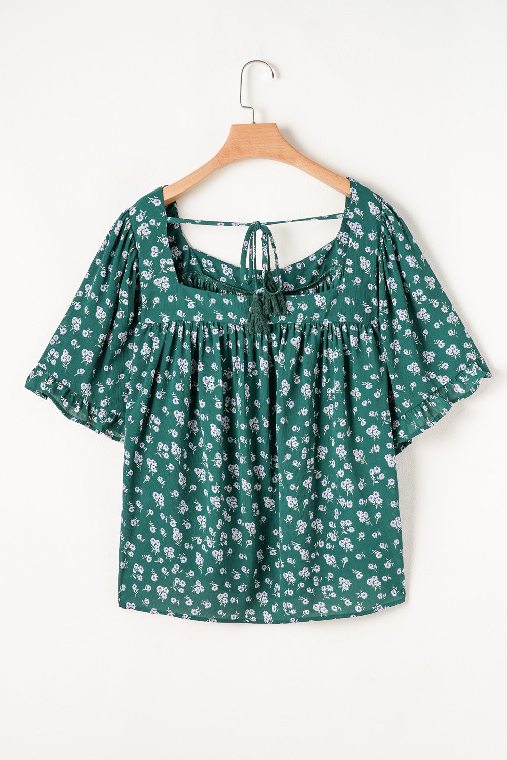 Green Floral Print Square Neck Ruffled Trim Plus Size Blouse