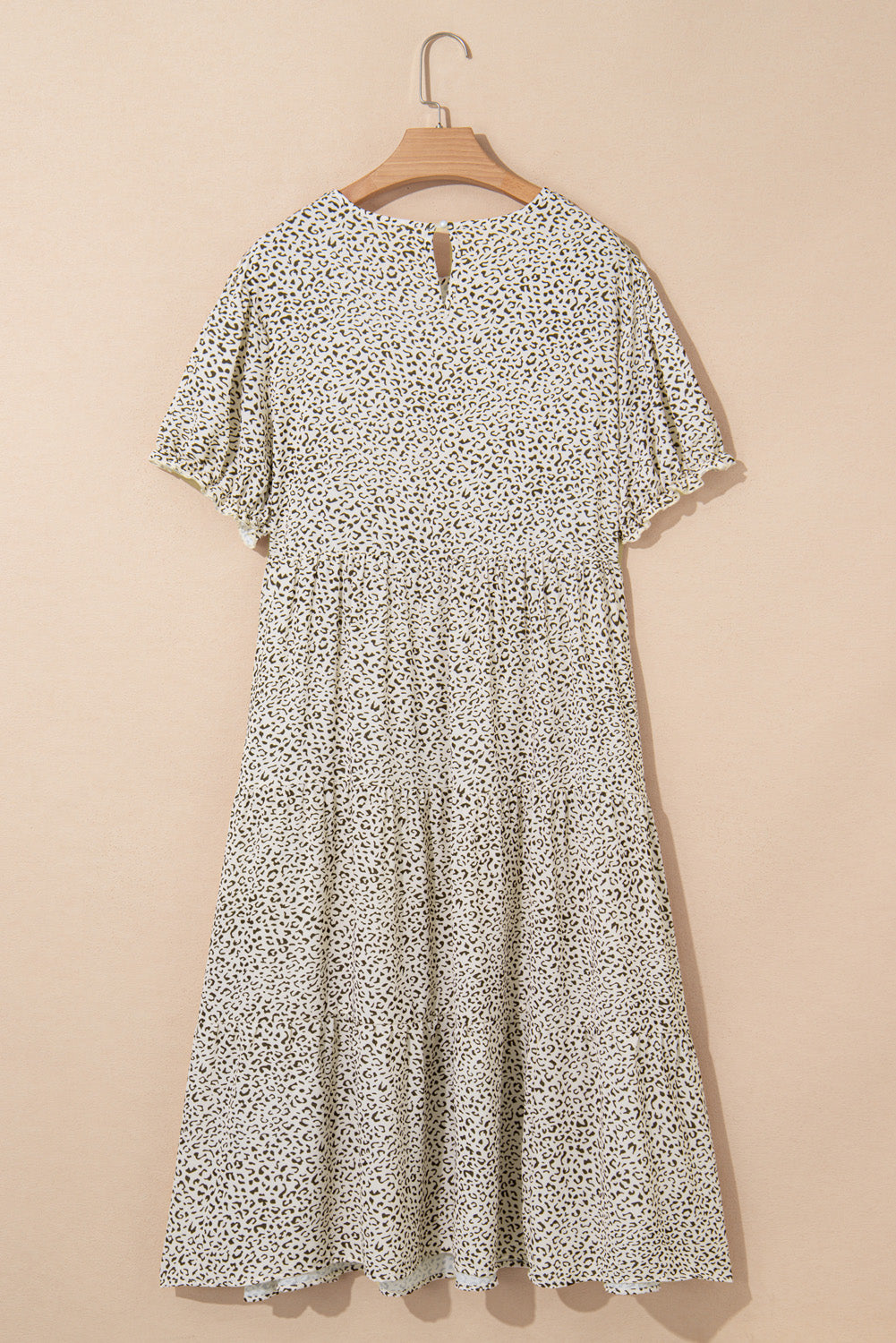 Beige Plus Size Leopard Print Frill Trim Short Sleeve Flared Dress