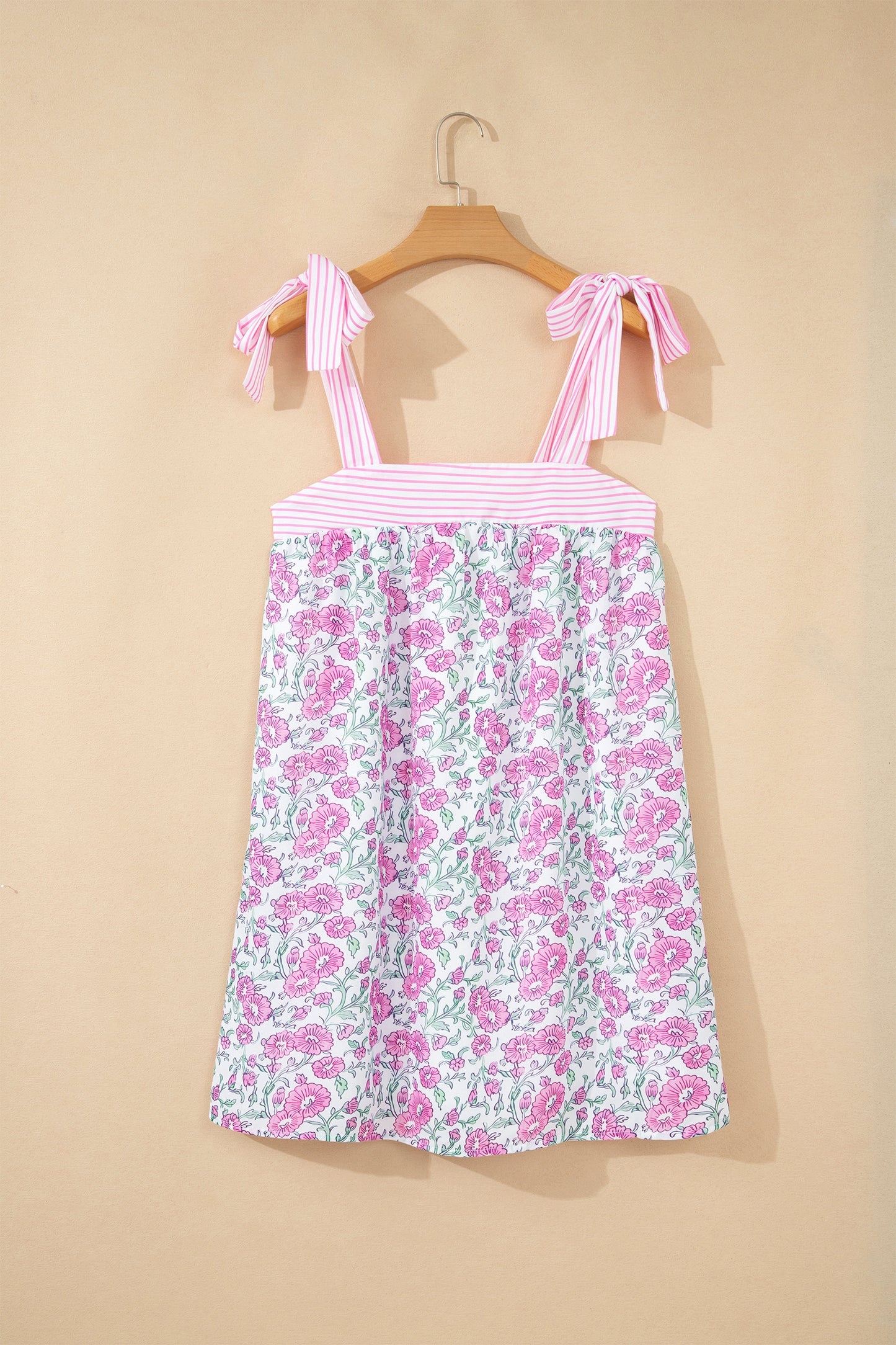 Pink Floral Print Striped Patchwork Bow Knot Straps Mini Dress