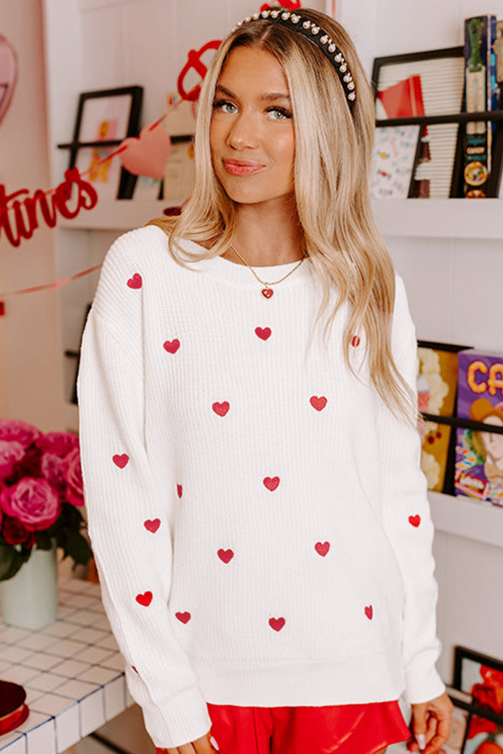 White Heart Shape Drop Shoulder Round Neck Sweater