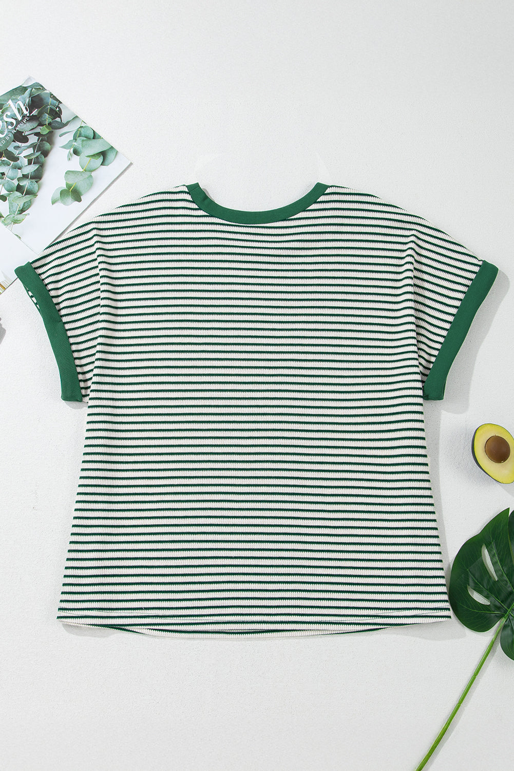 Green Stripe Trimmed Round Neck Plus Size Boxy Fit T-shirt