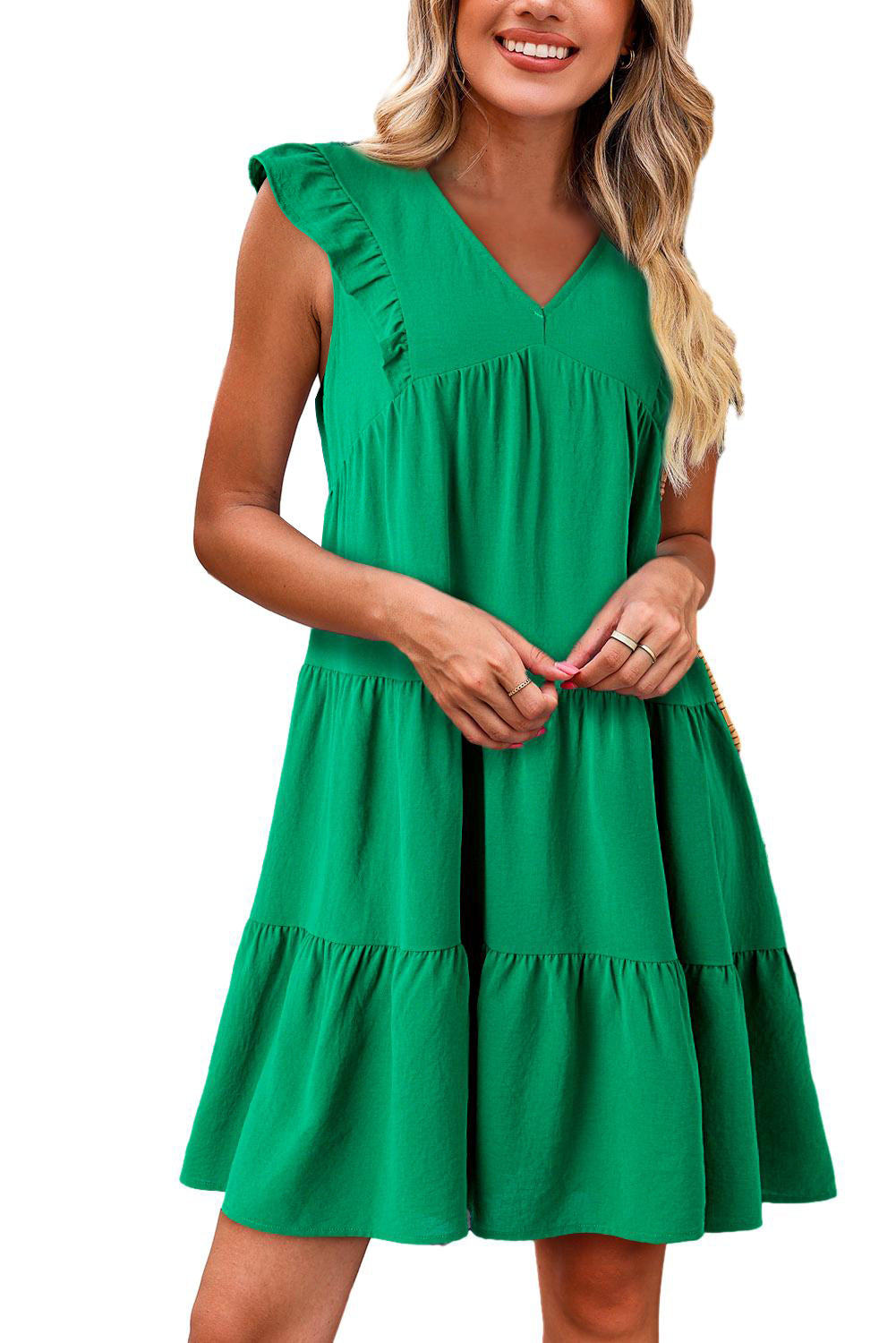 Bright Green Solid Color V Neck Ruffle Tiered Mini Dress