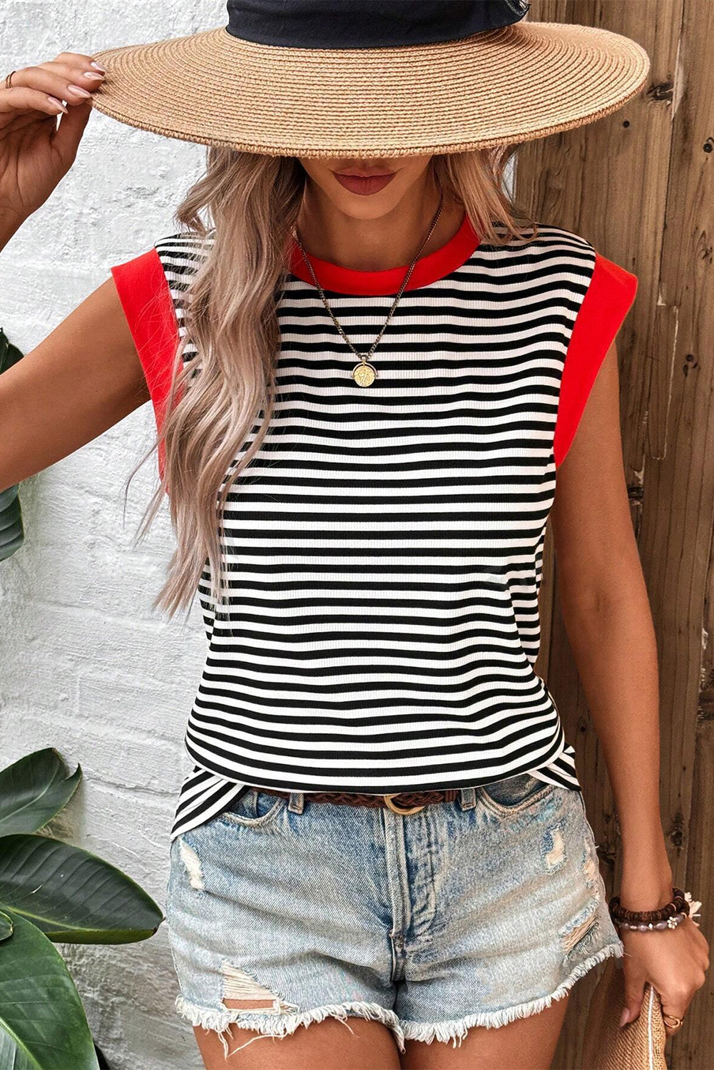 Black Stripe Colorblock Edge Round Neck Tank Top