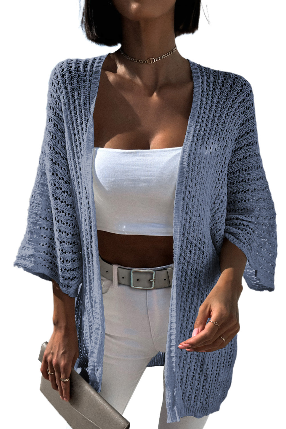 Sky Blue Hollow-out Knit Kimono Lightweight Cardigan