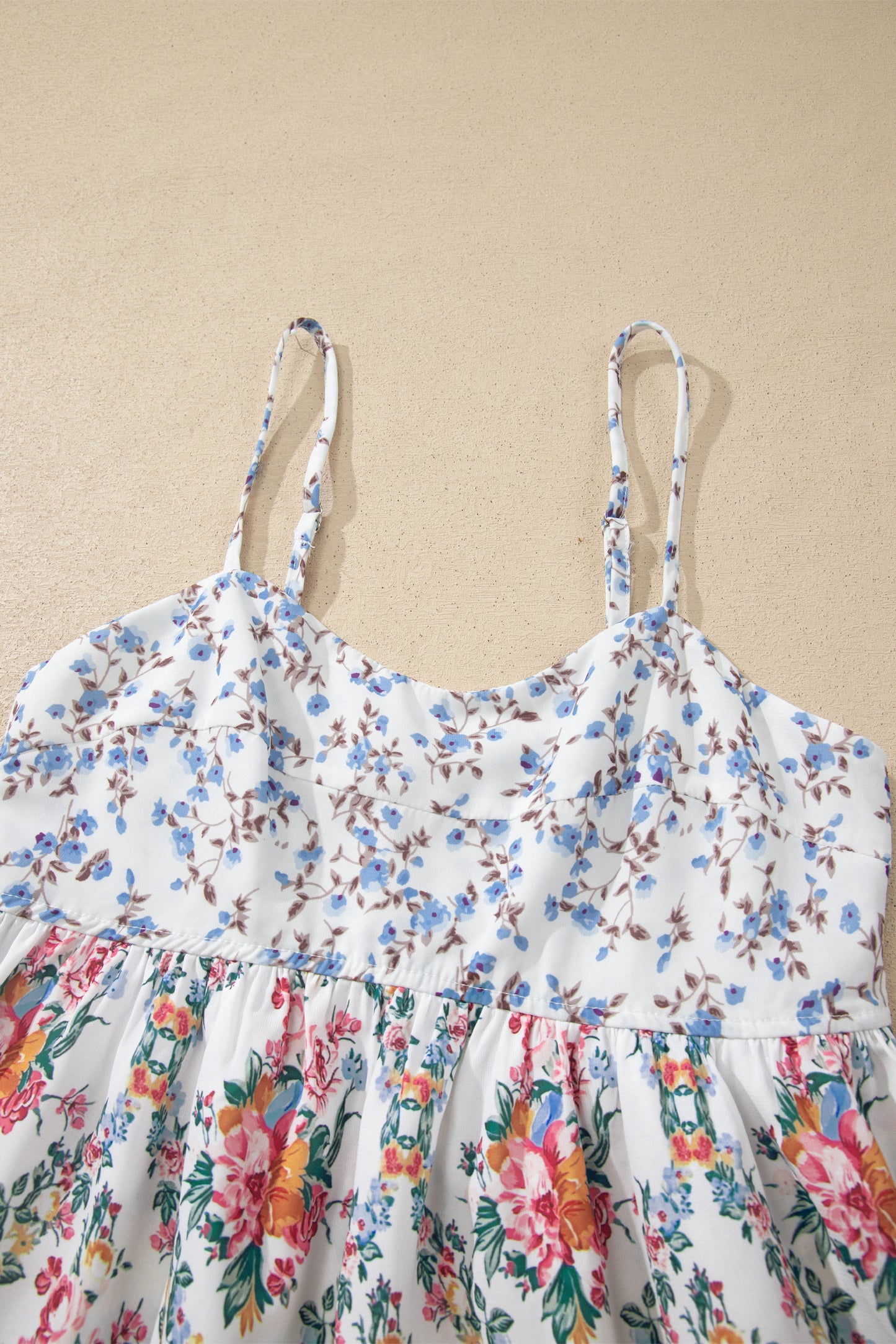 White Contrast Floral Printed Patchwork Spaghetti Straps Babydoll Top
