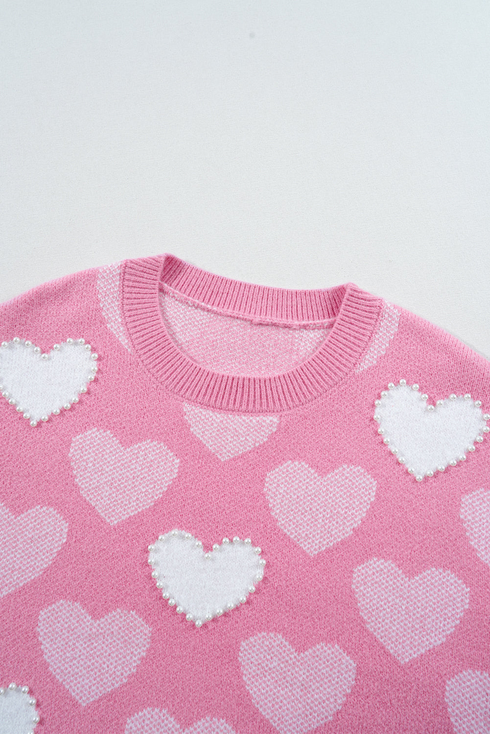 Pink Pearled Heart Print Crew Neck Sweater