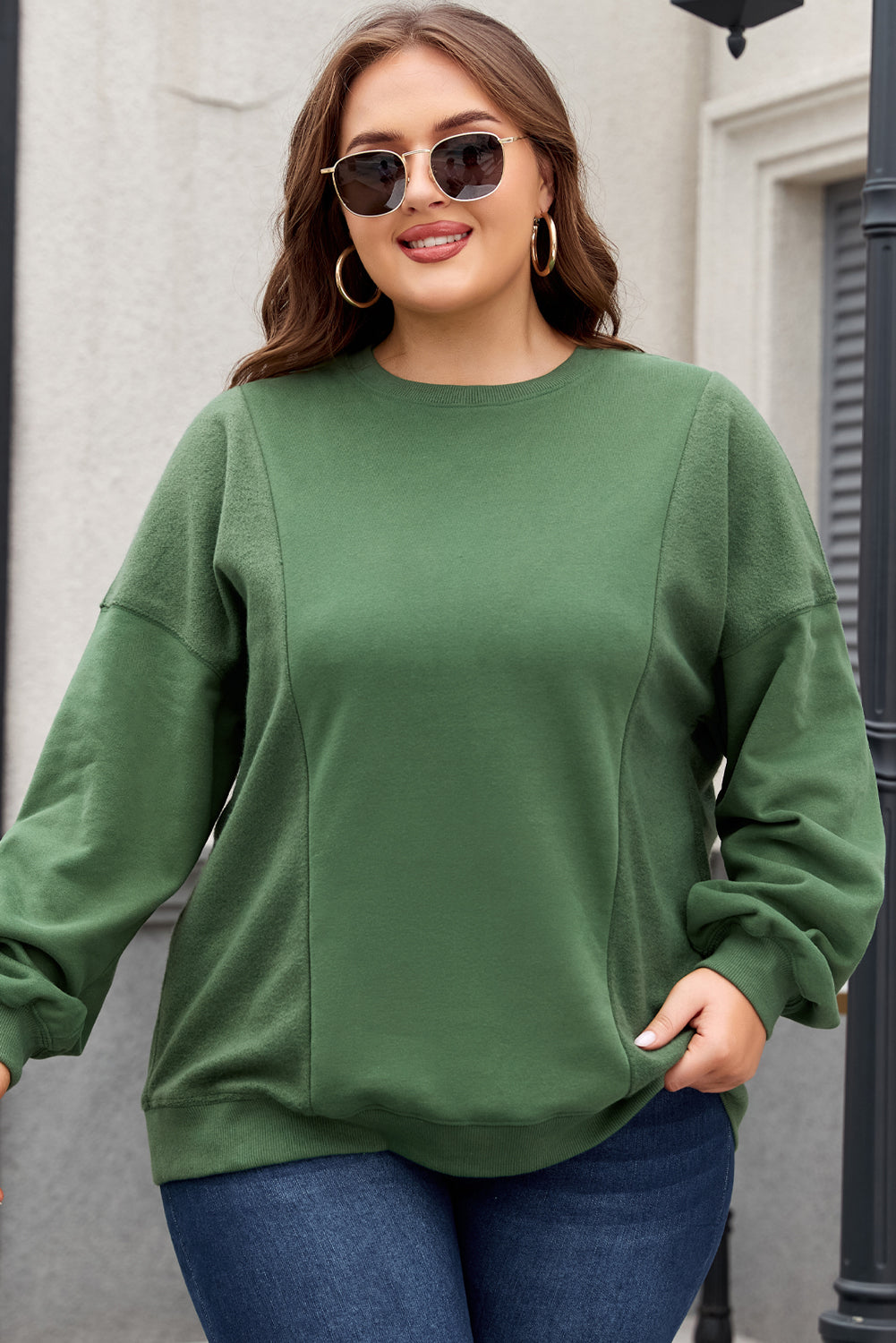 Blackish Green Loose Patchwork Crewneck Plus Size Sweatshirt